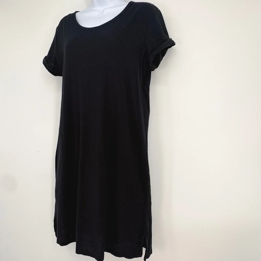Standard James Perse T Shirt Dress Black Midi Roll Sleeve Side Slit Lined Sz 3/L - Picture 3 of 10